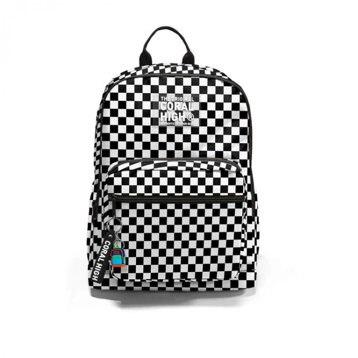 CORAL HIGH 23677 KIDS SİYAH BEYAZ DAMA DESENLİ DÖRT BÖLMELİ SIRT ÇANTASI