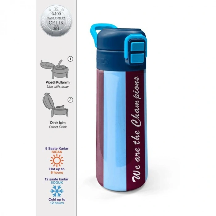 CORAL HIGH 31788 BORDO MAVİ TARAFTAR DESENLİ PİPETLİ VE DİREKT İÇİM ÇELİK TERMOS 500ML