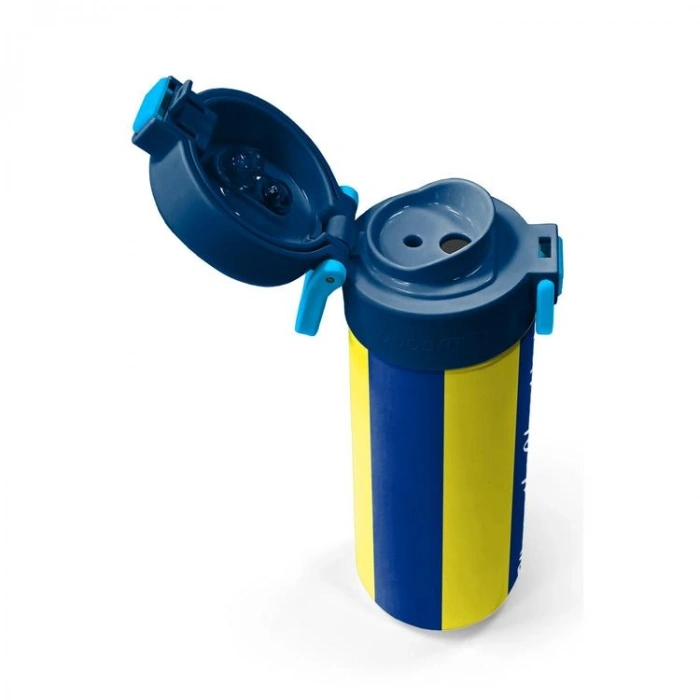 CORAL HIGH 31791 SARI LACİVERT ÇUBUKLU TARAFTAR DESENLİ PİPETLİ VE DİREKT İÇİM ÇELİK TERMOS 500ML