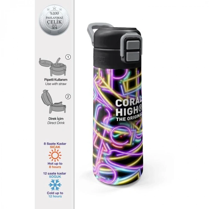 CORAL HIGH 38130 SİYAH RENKLİ NEON DESENLİ PİPETLİ VE DİREKT İÇİM ÇELİK TERMOS 500ML