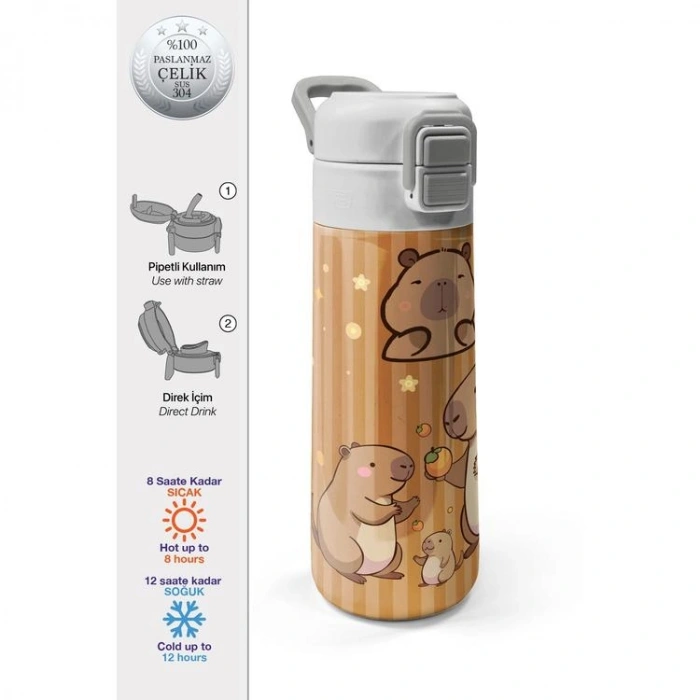 CORAL HIGH 31790 CAPYBARA DESENLİ PİPETLİ VE DİREKT İÇİM ÇELİK TERMOS 500ML