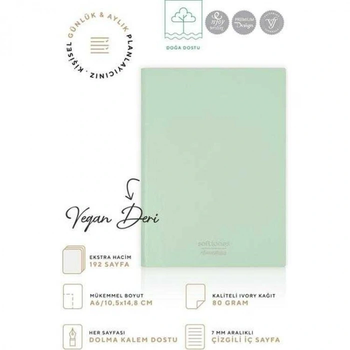 VICTORIAS JOURNALS 1001 SOFTLONS ESNEK KAPAK A6 80gr. 96YP.KREM ÇİZGİLİ DEFTER PASTEL YEŞİL