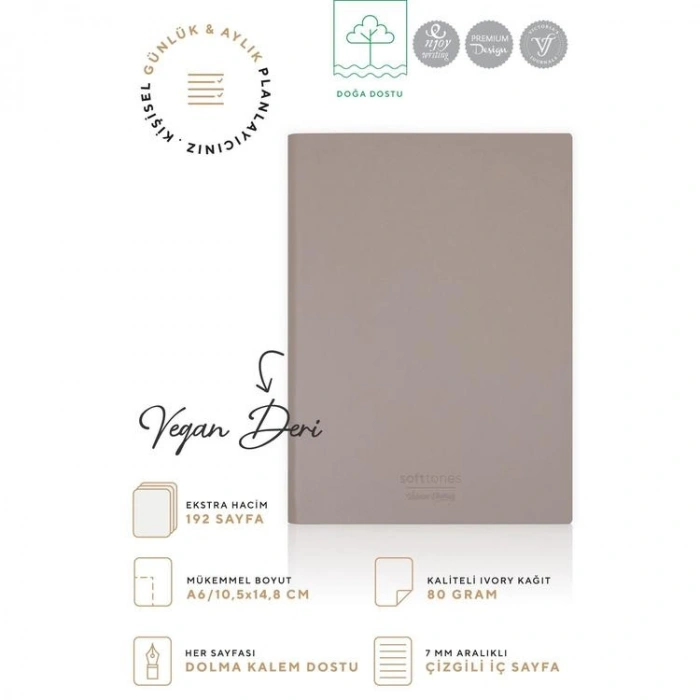 VICTORIAS JOURNALS 1006 SOFTTONS ESNEK KAPAK A6 80gr. 96YP. KREM ÇİZGİLİ DEFTER PASTEL KAHVERENGİ