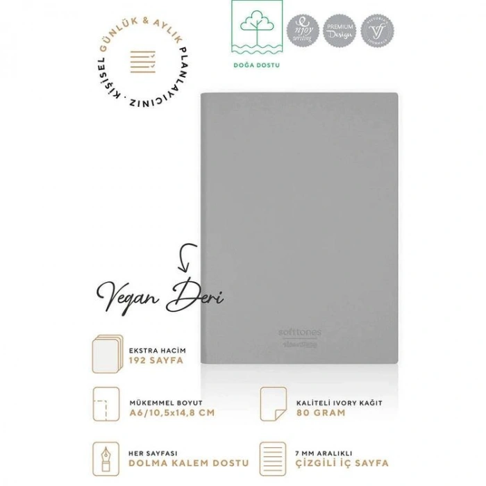 VICTORIAS JOURNALS 1005 SOFTTONS ESNEK KAPAK A6 80gr. 96YP.KREM ÇİZGİLİ DEFTER PASTEL GRİ