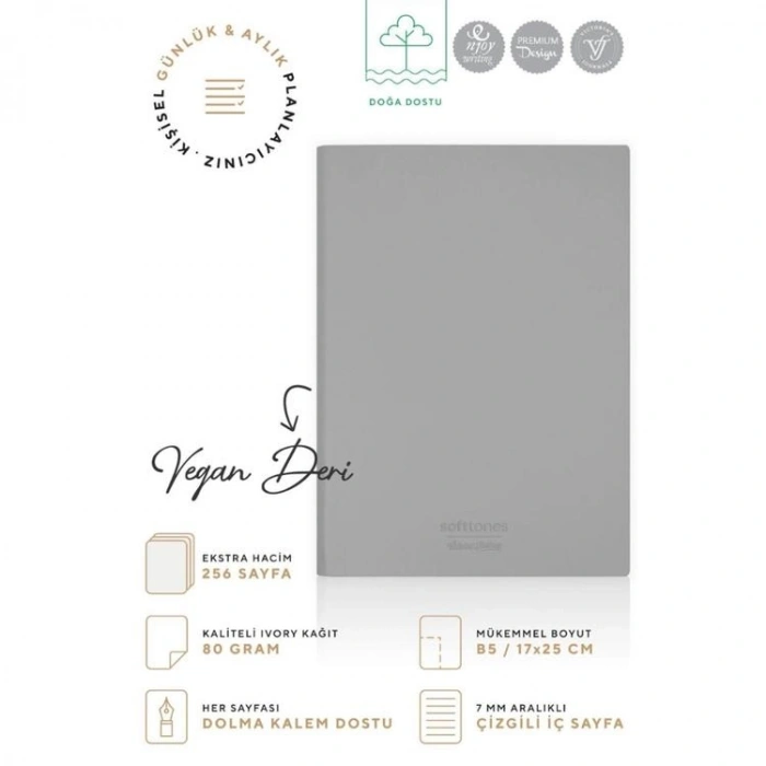 VICTORIAS JOURNALS 1021 SOFTTONS ESNEK KAPAK  B5 17x25cm 80gr. 128 YP. KREM ÇİZGİLİ DEFTER PASTEL GRİ