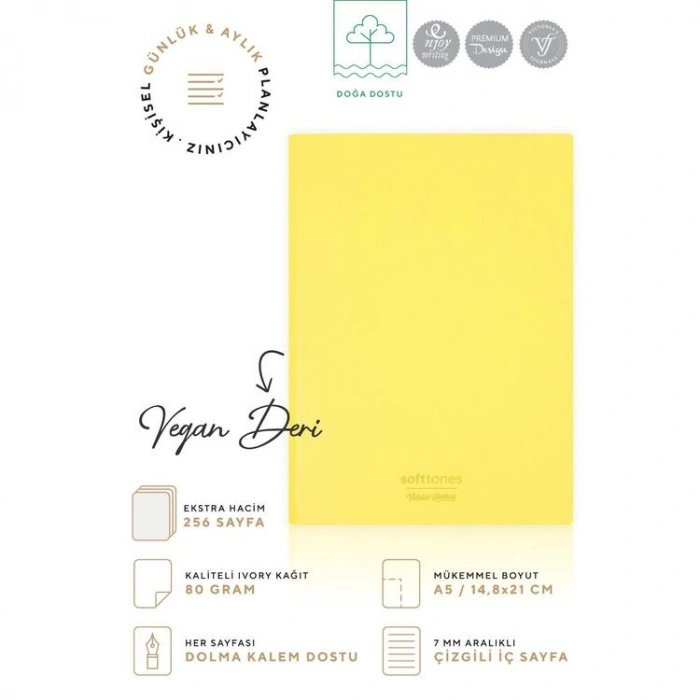 VICTORIAS JOURNALS 1011 SOFTTONS ESNEK KAPAK 14.8x21cm A5 80gr. 128 YP.KREM ÇİZGİLİ DEFTER PASTEL SARI