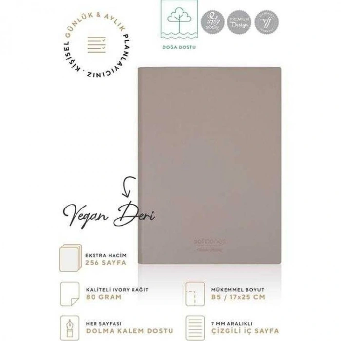 VICTORIAS JOURNALS 1024 SOFTTONS ESNEK KAPAK  B5 17x25cm 80gr. 128 YP. KREM ÇİZGİLİ DEFTER PASTEL KAHVERENGİ