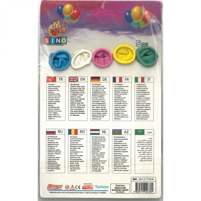 SİNO BLN-10  5Lİ TEK KARTELA 12 BALON  KARIŞIK RENK