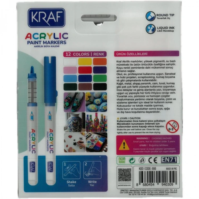KRAF 666 AKRİLİK MARKER YUVARLAK UÇ BOYA KALEMİ SETİ 12Lİ