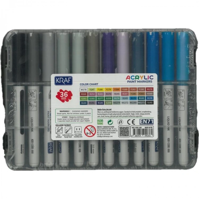 KRAF 666 AKRİLİK MARKER YUVARLAK UÇ BOYA KALEMİ SETİ 36LI
