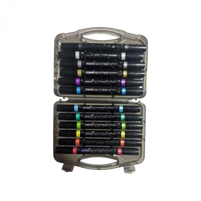 TMN 719805 PIANO GLITTER SİMLİ METALİK ÇİFT UÇLU MARKER KALEM SETİ PLASTİK ÇANTALI 12 RENK