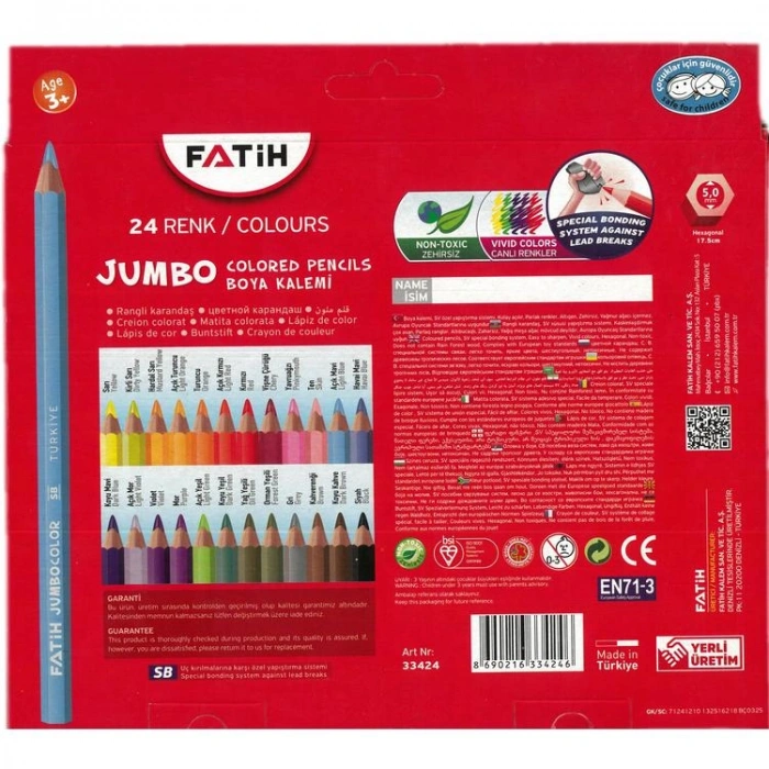 FATİH KURUBOYA KALEMİ JUMBO 24 RENK TAM BOY KARTON KUTU  33424