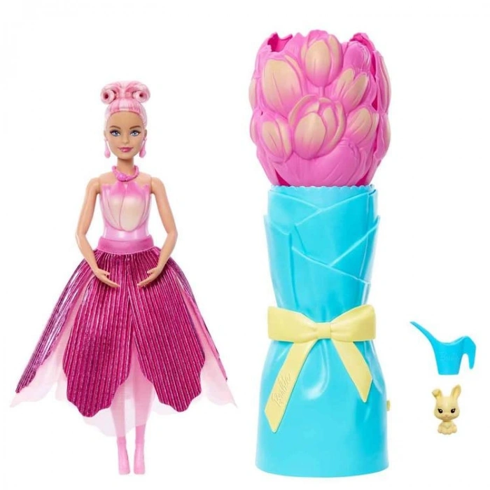 MATTEL JMF56/JMF57 BARBIE PETAL POP SÜRPRİZ ÇİÇEK SERİSİ PEMBE LALE ELBİSELİ BEBEK 14 CM 3+