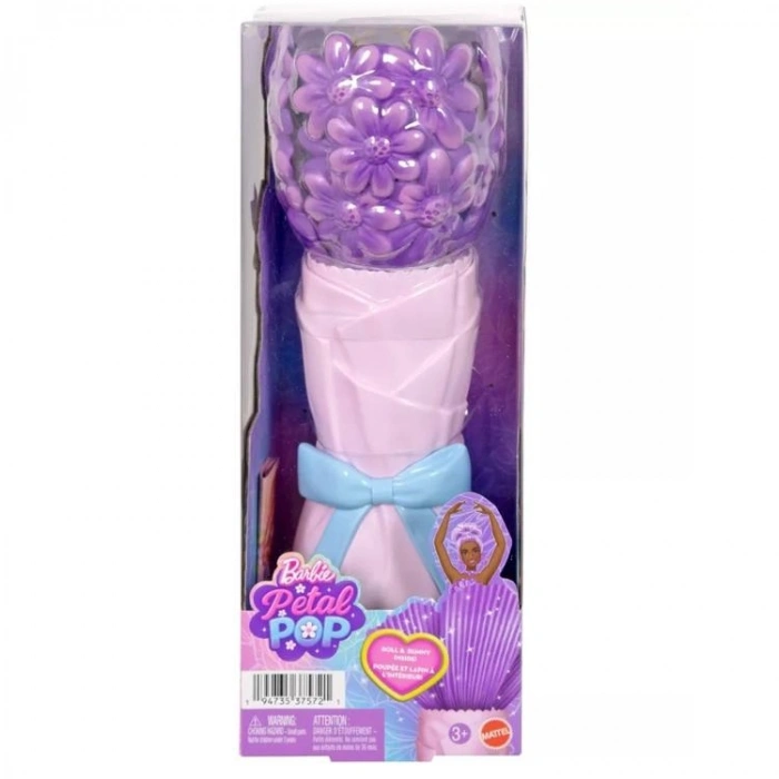 MATTEL JMF56/JMF58 BARBIE PETAL POP SÜRPRİZ ÇİÇEK SERİSİ MOR PAPATYA ELBİSELİ BEBEK 14 CM 3+
