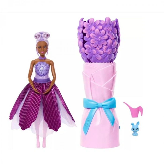 MATTEL JMF56/JMF58 BARBIE PETAL POP SÜRPRİZ ÇİÇEK SERİSİ MOR PAPATYA ELBİSELİ BEBEK 14 CM 3+