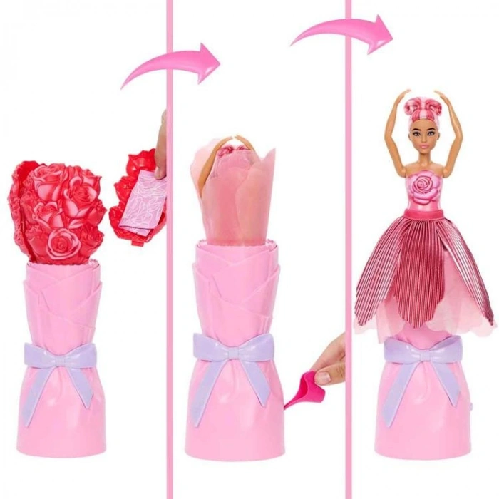 MATTEL JMF56/JMF59 BARBIE PETAL POP SÜRPRİZ ÇİÇEK SERİSİ KIRMIZI GÜL ELBİSELİ BEBEK 14 CM 3+