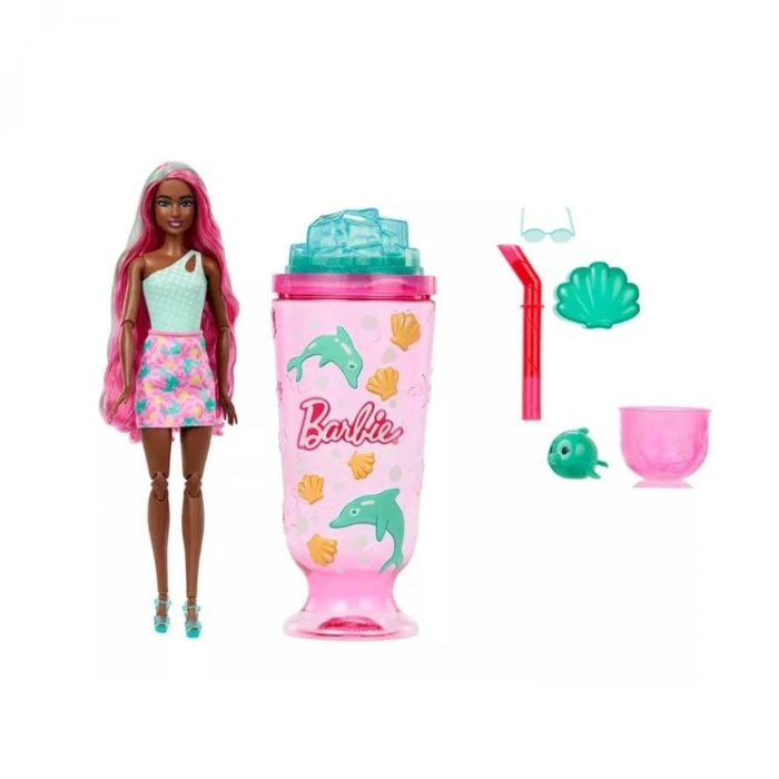 MATTEL JFY00/JKF60 BARBIE POP REVEAL DENİZ ESİNTİLİ PEMBE BARDAK İÇECEK YUNUS TEMALI SÜRPRİZ SERİ 3+