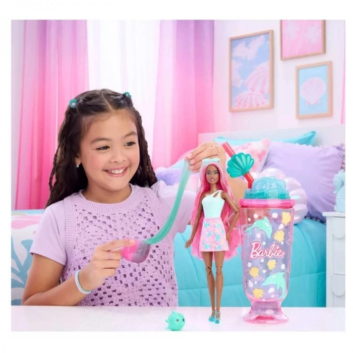 MATTEL JFY00/JKF60 BARBIE POP REVEAL DENİZ ESİNTİLİ PEMBE BARDAK İÇECEK YUNUS TEMALI SÜRPRİZ SERİ 3+