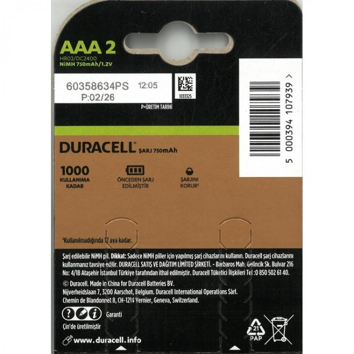 DURACELL HR03 DC2400 RECHARGEABLE (ŞARJLI) AAA İNCE KALEM PİL 750mAh/1.2V  2Lİ TEK KARTELA