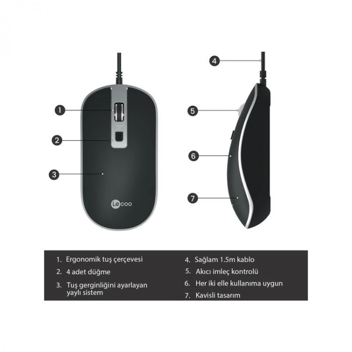 LENOVO LECOO MS104 USB KABLOLU MOUSE SİYAH