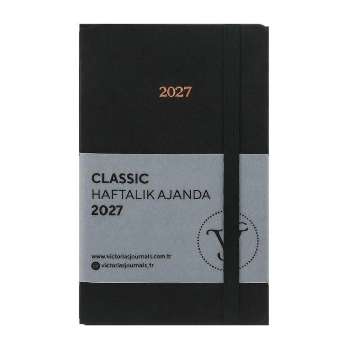 VICTORIAS JOURNALS 226-2352 9x14 cm CLASSIC SERT KAPAK CEPLİ LASTİKLİ HAFTALIK AJANDA - SİYAH