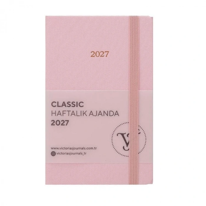 VICTORIAS JOURNALS 226-2358 9x14 cm CLASSIC SERT KAPAK CEPLİ LASTİKLİ HAFTALIK AJANDA - PEMBE
