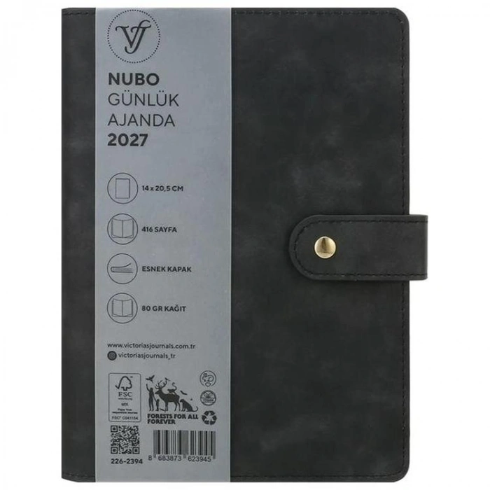 VICTORIAS JOURNALS 226-2394 14x20,5 cm NUBO 416 SAYFA DEĞİŞEBİLEN İÇ ESNEK KAPAK GÜNLÜK AJANDA - KOYU GRİ