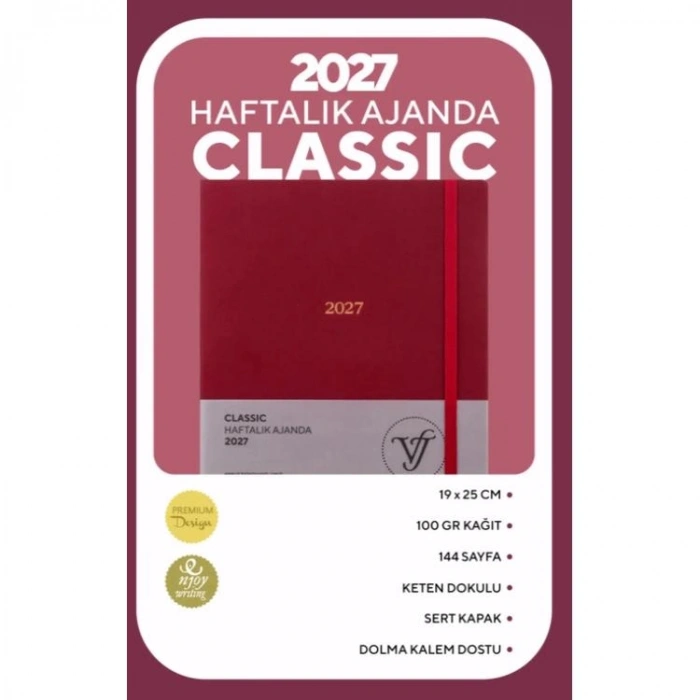 VICTORIAS JOURNALS 226-2303 19X25 A4 CLASSIC SERT KAPAK CEPLİ LASTİKLİ HAFTALIK AJANDA - KIRMIZI