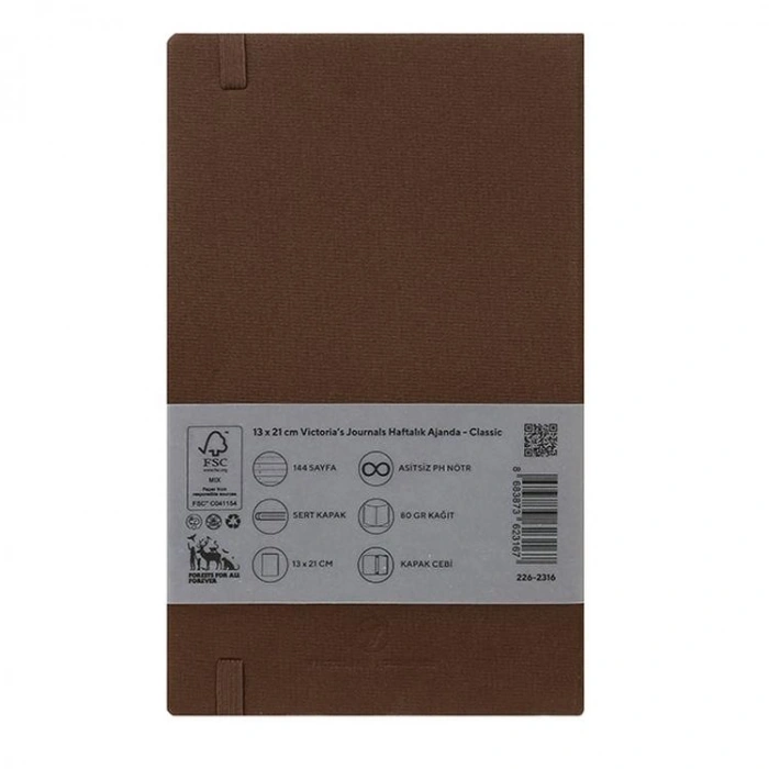 VICTORIAS JOURNALS 226-2310 13x21cm CLASSIC SERT KAPAK CEPLİ LASTİKLİ HAFTALIK AJANDA - MAVİ
