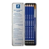 STAEDTLER 100 G6 MARS LUMOGRAPH AQUARELL DERECELİ KURŞUN KALEM SETİ 5Lİ+ FIRÇA METAL KUTU