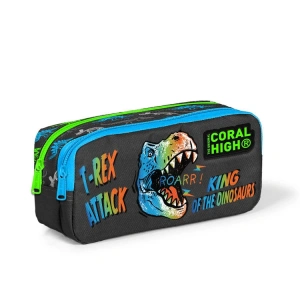 CORAL HIGH 12055 KİDS GRİ DİNOZOR DESENLİ İKİ BÖLMELİ KALEM ÇANTASI