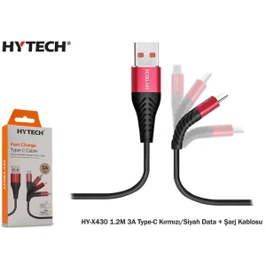 HYTECH HY-X430 1.2M 3A TYPE-C KIRMIZI/SİYAH DATA + ŞARJ KABLOSU