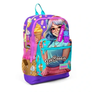 CORAL HIGH 23773 KIDS LİLA TURKUAZ DONDURMA VE ANİME DESENLİ DÖRT BÖLMELİ SIRT ÇANTASI