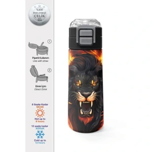 CORAL HIGH 31871 KIDS SİYAH ASLAN DESENLİ PİPETLİ VE DİREKT İÇİM ÇELİK TERMOS 500ML