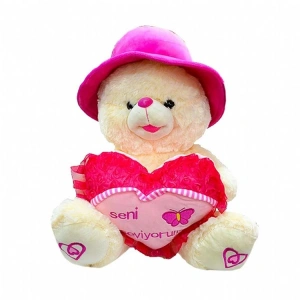 HALLEY PL78501 PELUŞ ŞAPKALI KALPLİ AYI 45 CM