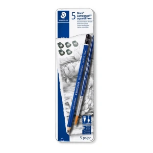 STAEDTLER 100 G6 MARS LUMOGRAPH AQUARELL DERECELİ KURŞUN KALEM SETİ 5Lİ+ FIRÇA METAL KUTU