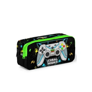 CORAL HIGH 12087 SİYAH FOSFORLU YEŞİL GAMER DESENLİ İKİ BÖLMELİ KALEM ÇANTASI