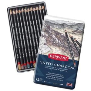 DERWENT TINTED COLOURED CHARCOAL PENCILS RENKLİ KÖMÜR FÜZEN KALEM SETİ 12 Lİ TENEKE KUTU - DW2301690