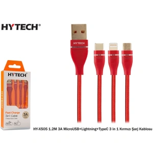 HYTECH HY-X505 1.2M 3A MICRO USB + LIGHTNING + TYPE C 3in KIRMIZI ŞARJ KABLOSU