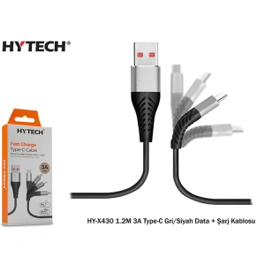 HYTECH HY-X430 1.2M 3A TYPE-C GRİ/SİYAH DATA + ŞARJ KABLOSU