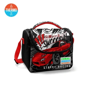 CORAL HIGH 11747 KİDS SİYAH KIRMIZI ANİME ARABA DESENLİ THERMO BESLENME ÇANTASI