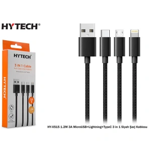 HYTECH HY-X515 1.2M 3A MİCRO USB+LIGHTNING+TYPE C 3 in 1 SİYAH ŞARJ KABLOSU