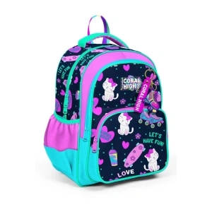 CORAL HIGH 23658 KIDS LACİVERT PEMBE KEDİLİ PATEN DESENLİ ÜÇ BÖLMELİ SIRT ÇANTASI