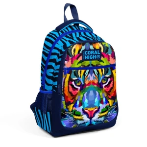 CORAL HIGH 23483 KİDS LACİVERT MAVİ KAPLAN DESENLİ ÜÇ BÖLMELİ SIRT ÇANTASI