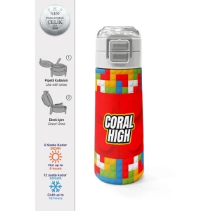 CORAL HIGH 31991 KIDS BLOK DESENLİ PİPETLİ VE DİREKT İÇİM ÇELİK TERMOS 500ML