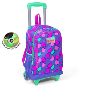 CORAL HIGH 23359 KİDS LAVANTA PEMBE KALP DESENLİ ÜÇ BÖLMELİ IŞIKLI TEKERLEKLİ ÇEKÇEKLİ OKUL SIRT ÇANTASI
