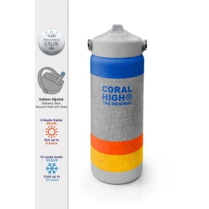 CORAL HIGH 38321 GRİ TURUNCU ÇİZGİLİ DESENLİ KATLANIR AĞIZLI PİPETLİ ÇELİK TERMOS 650ML