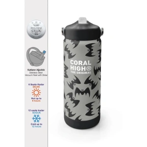 CORAL HIGH 38326 GRİ SİYAH YARASA DESENLİ KATLANIR AĞIZLI PİPETLİ ÇELİK TERMOS 650ML