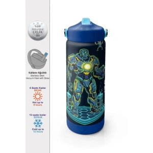 CORAL HIGH 38328 KIDS LACİVERT ROBOT DESENLİ KATLANIR AĞIZLI PİPETLİ ÇELİK TERMOS 650ML