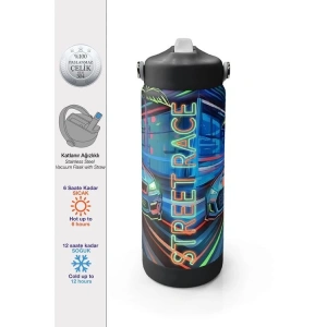 CORAL HIGH 38341 KIDS SİYAH ÇOK RENKLİ YARIŞ ARABASI DESENLİ KATLANIR AĞIZLI PİPETLİ ÇELİK TERMOS 650ML
